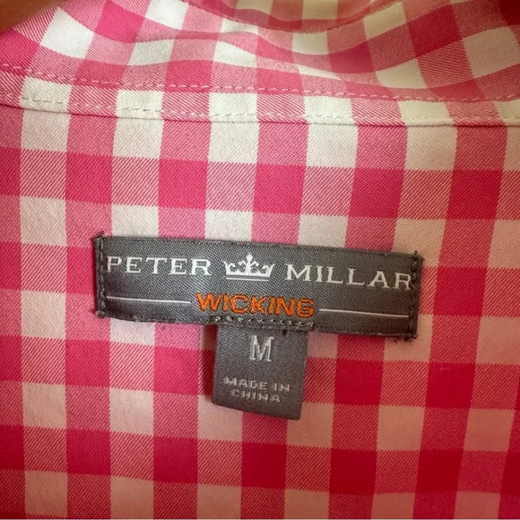Peter Millar Mens Medium Wicking Pink Gingham Check Button Up Shirt Stretch - Picture 3 of 4